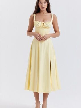 House of CB Pale Yellow Midi Dress with Sweetheart Bodice